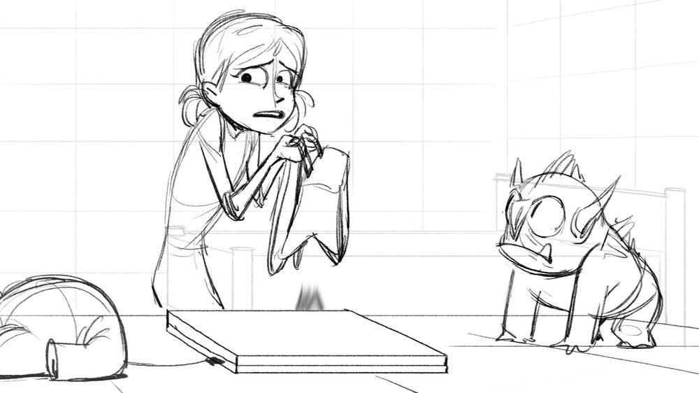 Storyboard panel from the House of Cool website for the Tales of Arcadia: Trollhunters episode So I'm dating a sorceress. It shows Claire looking guiltily towards the laptop while holding her bag while Not!Enrique is not impressed.
