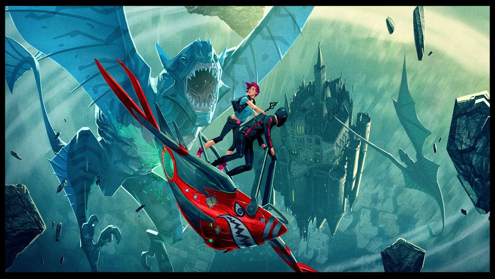 Visual development for Tales of Arcadia: wizards by Francisco Ruiz Velasco. It shows Zoe in her Hex Tech work outfit holding what could well be the Staff of Avalon hanging onto Douxie's shoulders who is in more biking leathers and helmet. They're on a glide shaped like a red plane with a WW2 style face on it. They're trying to evade a bluey green wyvern style dragon with fins and shark like treatment trying to eat them or even just rake it's talons. In the same coloured background is another one aiming straight for the floating Camelot. There's also a scattering of rocks everywhere.