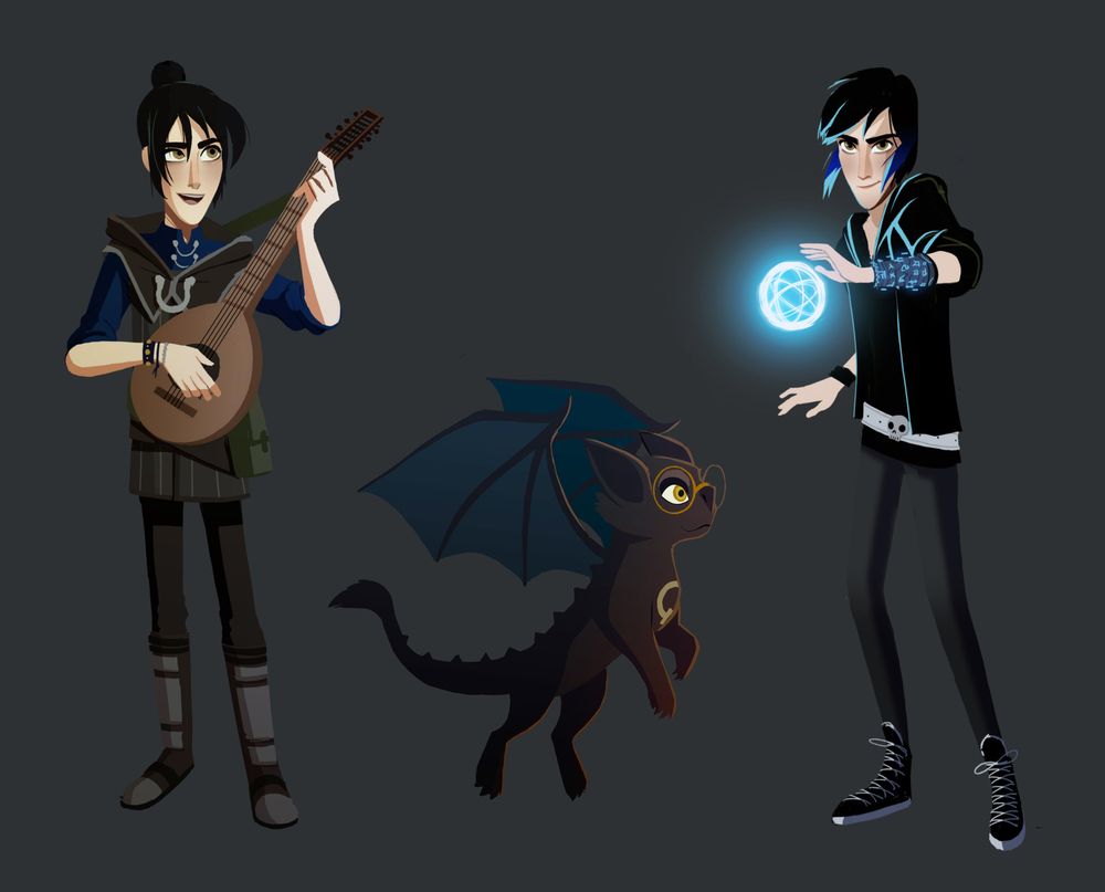 Visual development for Tales of Arcadia: wizards. It features Moppet Douxie complete with his man bun strumming his beloved lute possibly singing, Archie in dragon form with wings raised as he flutters to the right and modern Douxie with his bracer lit and a orb of blue magic under his raised left palm staring at the view.
