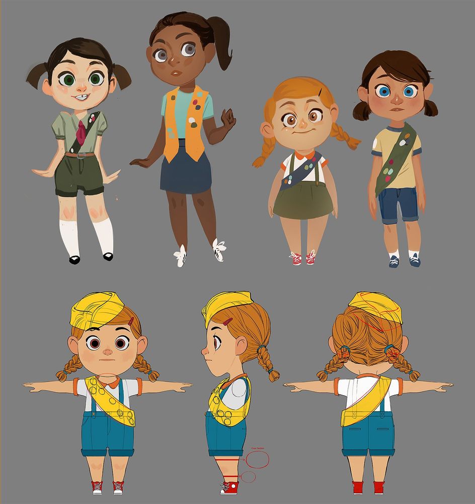 Visual development for Tales of Arcadia: 3Below by Yingjue Chen. It shows four different designs of little girl scouts including one with orange braids that went ahead. Below is her updated design and turn around in a t-pose ready for model reference.