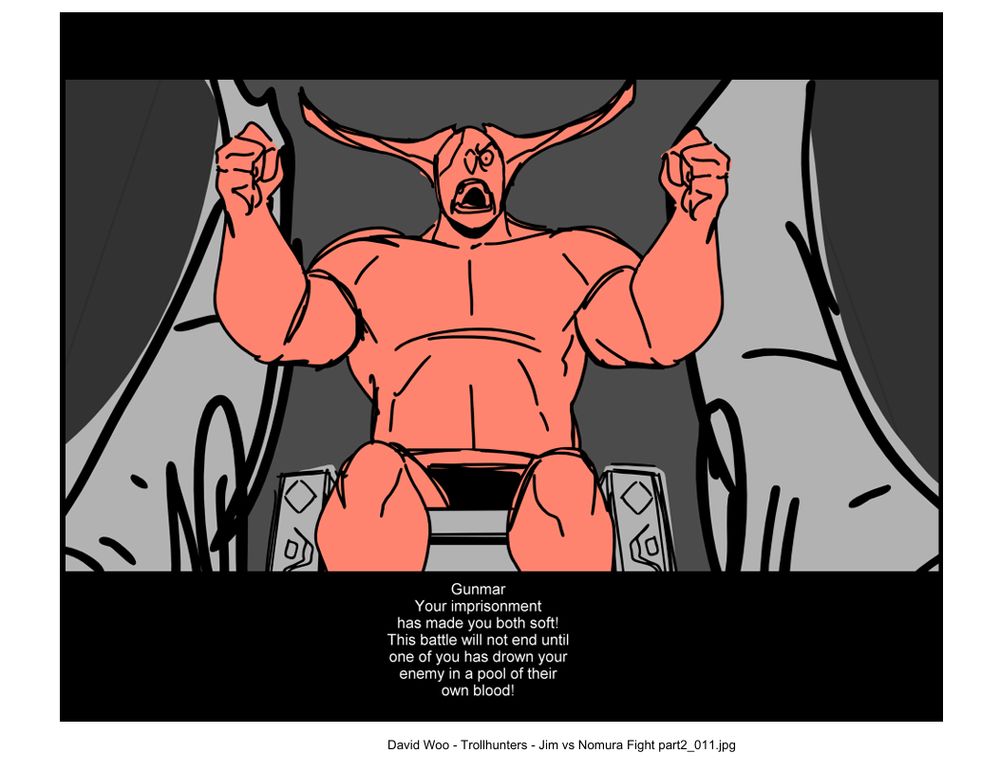 Screenshot from the PDF version of the sequence from the episode Homecoming by David Woo. It shows Gunmar sitting on his throne with the text:

Gunmar
Your imprisonment has made you both soft! This battle will not end until one of you has drown(ed) your enemy in a pool of their own blood!