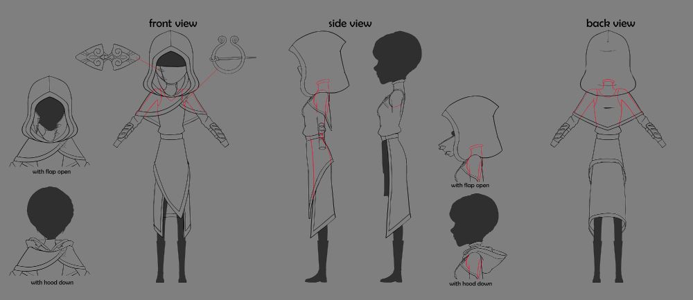 Orthographic of Camelot Zoe from Tales of Arcadia: Wizards. It shows her with hood up, hood down from the front and sides, hood up from the front and back along with detail of the two pins holding the mask and short cape in place.