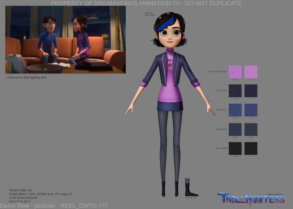 Visual development for Tales of Arcadia: Trollhunters by Jessica Bulinski. It shows Claire from the front with a side view of her boots. On the right is her colour palette complete with texture swatches and in the top left is what is called a "character in final lighting shot". Specifically it shows a screenshot from the episode Adventures in Trollsitting where Claire is helping Jim with his homework.