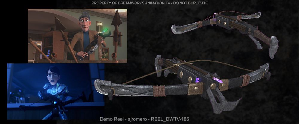 Visual development for Tales of Arcadia: Trollhunters by Anthony Romero. It shows a front and back view of the crossbow complete with loaded arrow with crystal head. Curiously you can see additional arrows attached to the side for quick reload access. On the left is a screenshot of Strickler holding it and Jim from the same episode as reference.