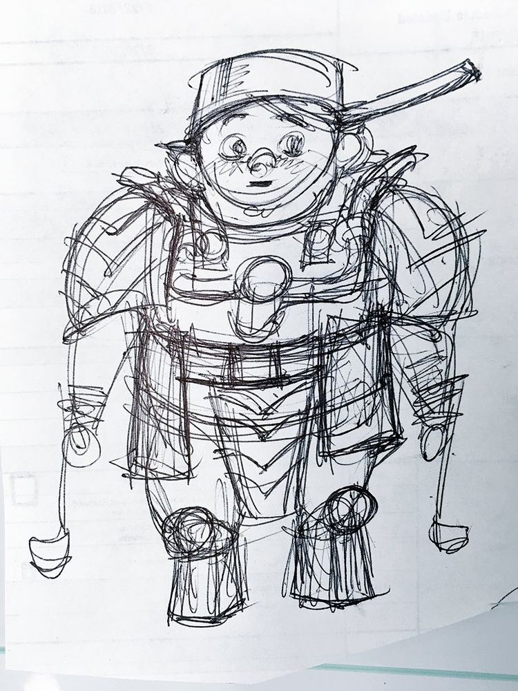 Visual development for Tales of Arcadia: Trollhunters by Rustam Hasanov. It shows Toby wearing a saucepan, ladles strapped to each hand and seemingly more typical armour over his chest. Something is protecting his feet though it's hard to make out what it is.