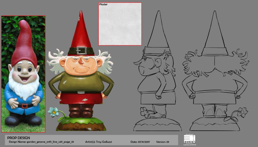 Visual development for Tales of Arcadia: 3Below by Fury Galluzzi. On the left is a reference gnome in the classic red hair, white beard, blue jacket with a black belt n gold buckle plus boots. Next to it is a far grumpier looking elder gnome, hands on hips, with fluffy hair, a belt to her hat, brown shirt, red skirt and brown boots. She is shown from the side and back and there is a call out for the plaster texture as well.