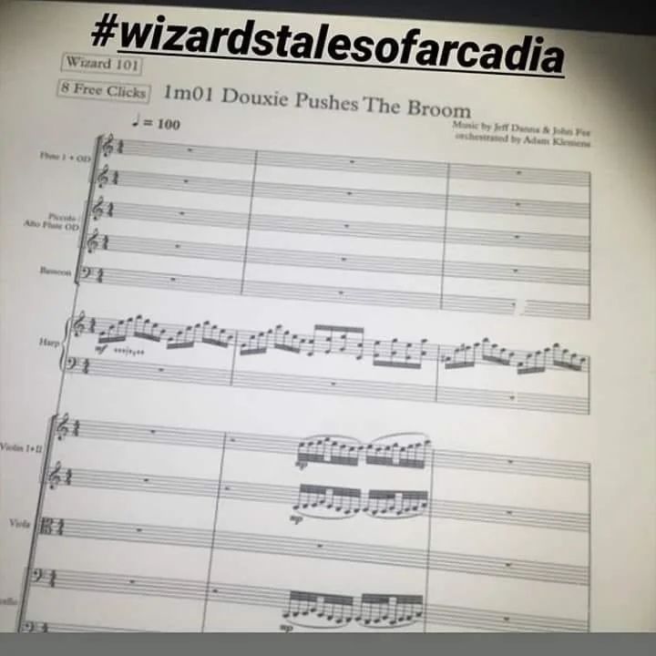 Photo John Fee posted of the Tales of Arcadia: Wizards showing a good chunk of the first page of "Douxie pushes the broom" score from the first episode.