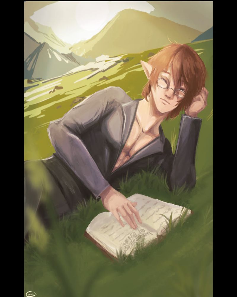 A young male elezen, laying on the grass and reading peacefuly. Brown redd-ish hair, wears glasses. No frame no rank