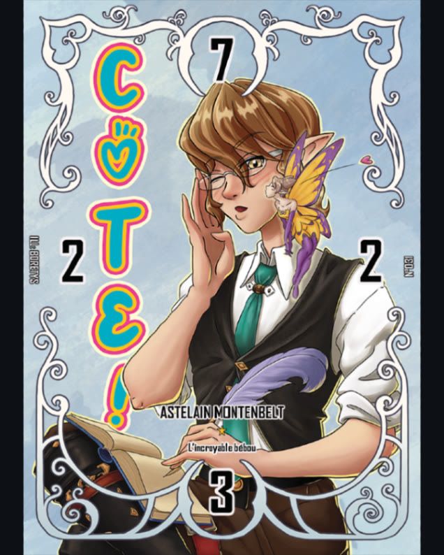 A cute and young male elezen being distracted by his fairy (Helios skin = pink and yellow) as he is writing something is his spellbook. The fairy is kissing softly his cheek. Astelain is wearing a black suit, white shirt and turquoise tie. Framed with decorations and TT ranks