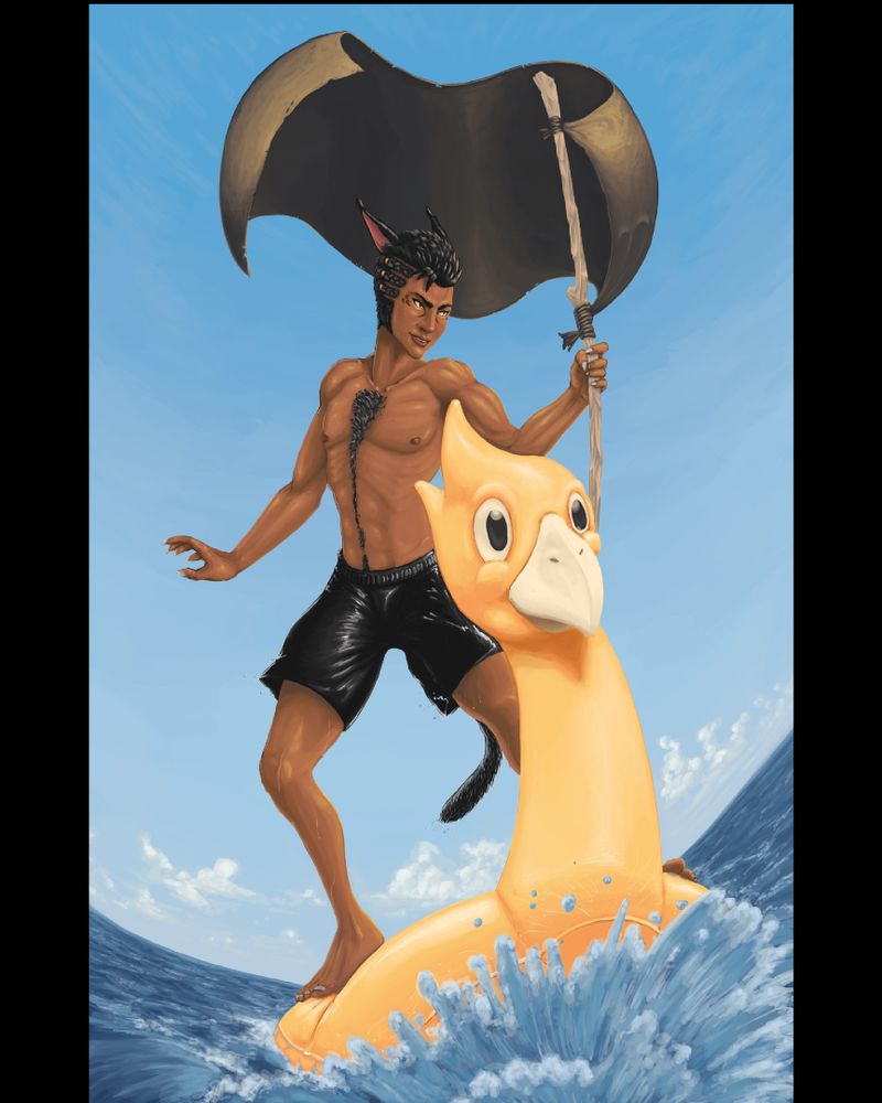 Sunkeeper male miqo'te ridding a chocobo rubber ring. He is wielding a black flag. Black boxer as swimsuite, black hair. No frame, no rank