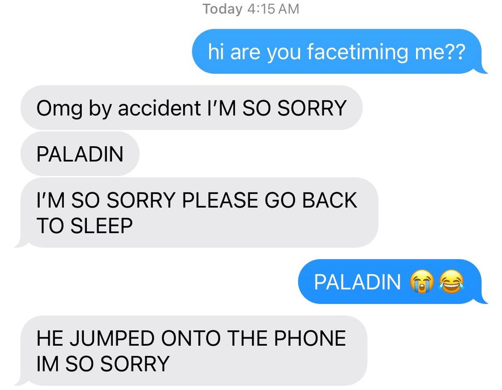 [timestamp: 4:15am]
me: hi are you facetiming me??
aubrey: omg by accident I’M SO SORRY / PALADIN / PLEASE GO BACK TO SLEEP
me: PALADIN 😭😂
aubrey: HE JUMPED ONTO THE PHONE IM SO SORRY