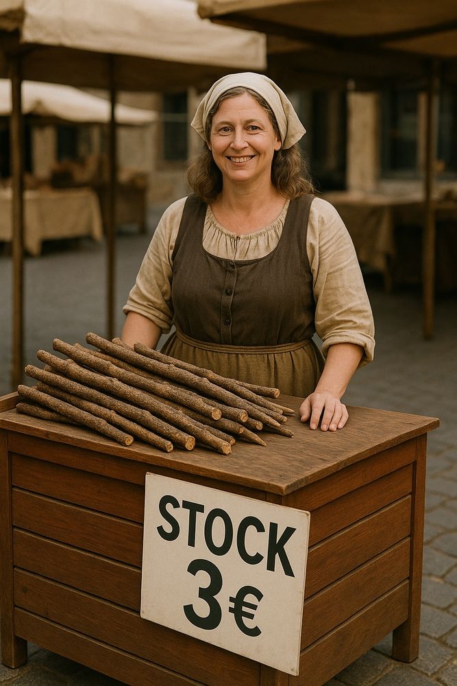 Ein Verkaufsstand mit Verkäuferin und Stöckern, dazu ein Schild „Stock 3€“