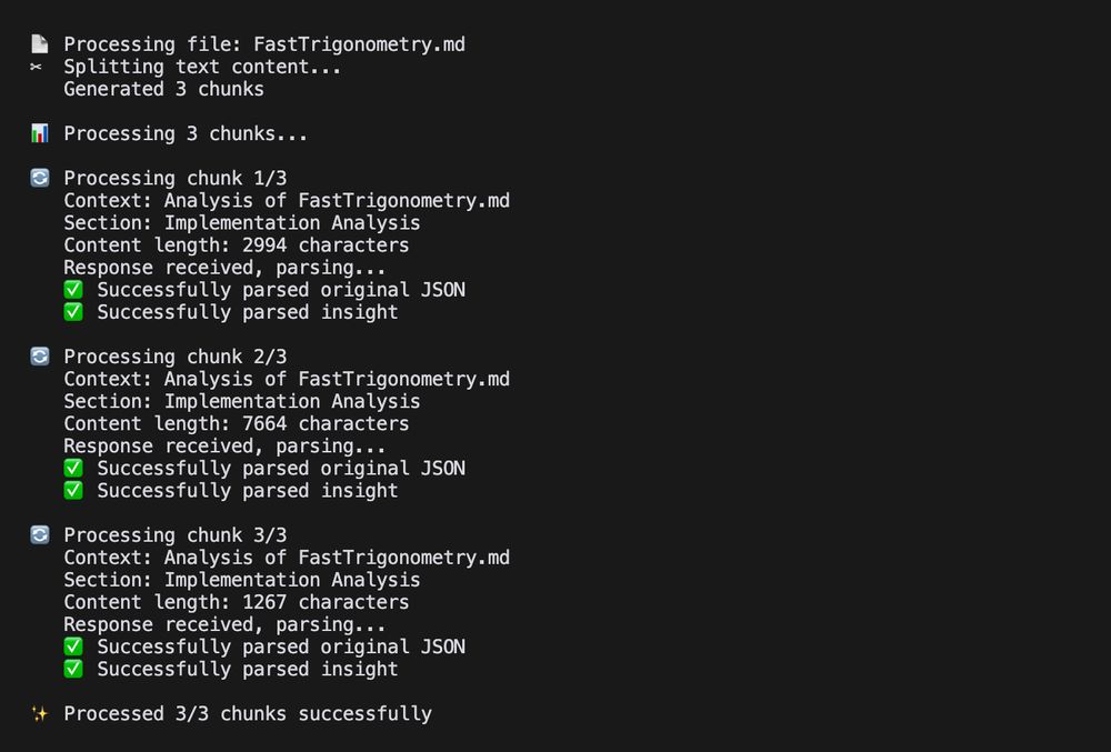 The image shows a console output or log display with a dark background and light text. It's processing a file called "FastTrigonometry.md" in three chunks. Each chunk shows details like section name (Implementation Analysis), content length (2994, 7664, and 1267 characters respectively), and processing status. Green checkmarks indicate successful parsing of JSON and insights for each chunk. The output is organized chronologically from top to bottom, starting with "Processing file" and ending with "Processed 3/3 chunks successfully" in yellow text. The interface appears to be a developer tool or processing application.