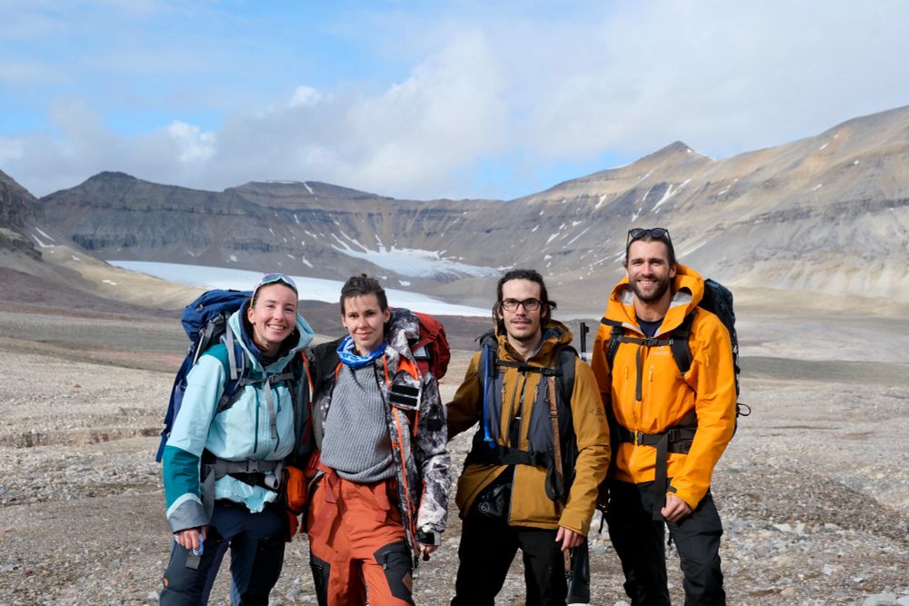 L-R: Sibylle Lebert, Rey Mourot, Eloi Martinez-Rabert & James Bradley. ERC SIESTA fieldwork, Svalbard. July 2025.
Credit: Sibylle Lebert