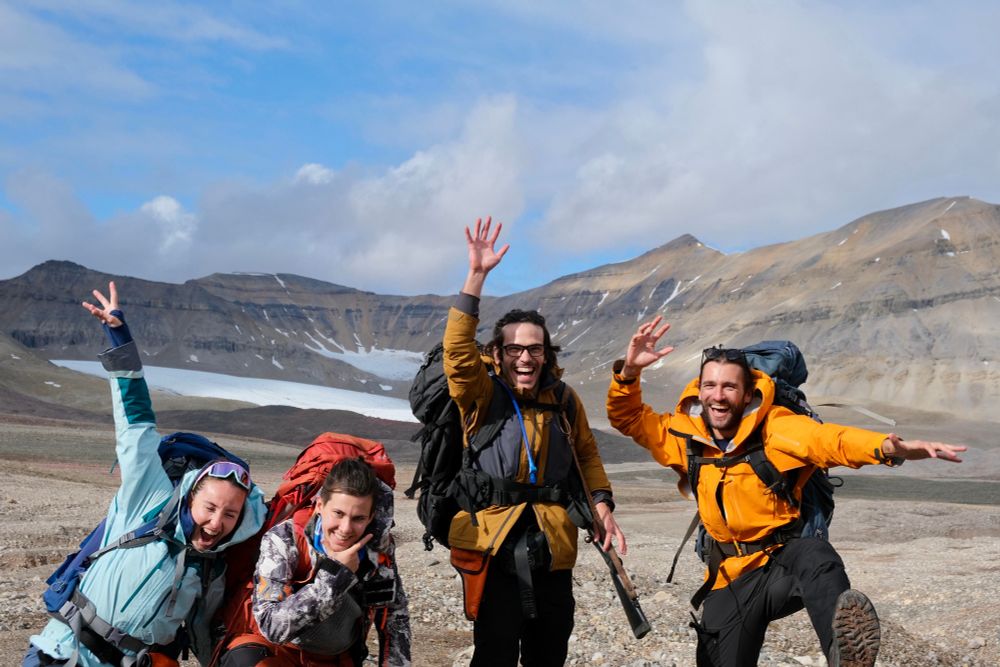 L-R: Sibylle Lebert, Rey Mourot, Eloi Martinez-Rabert & James Bradley. ERC SIESTA fieldwork, Svalbard. July 2025.
Credit: Sibylle Lebert