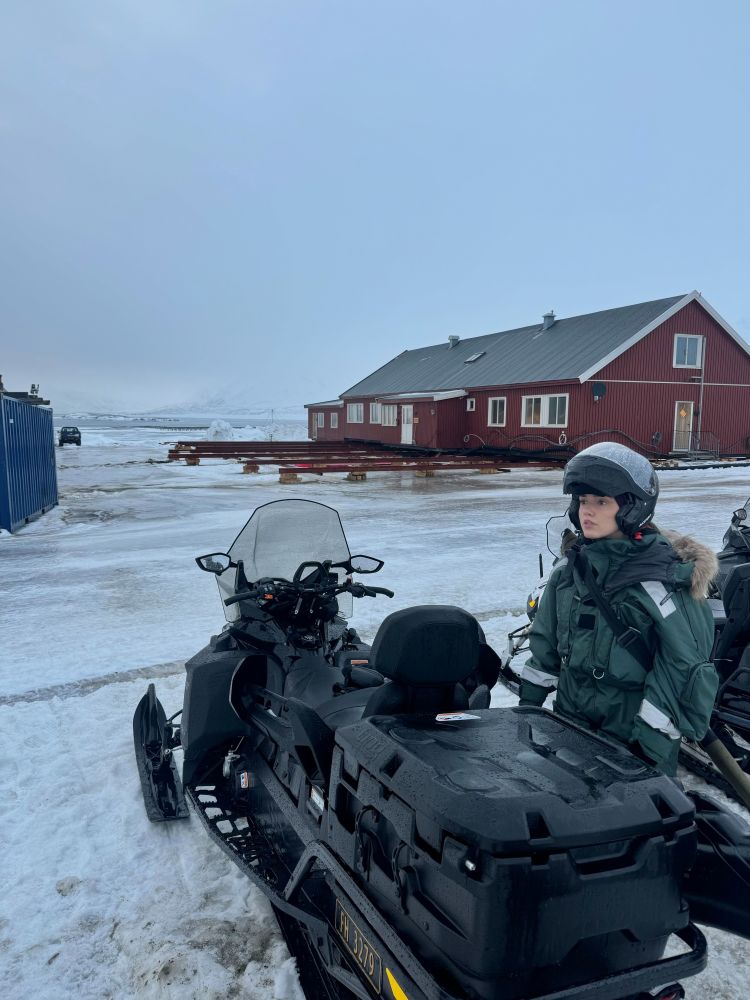 Laura Molares-Moncayo in Ny-Ålesund, Svalbard, preparing to sample in the field, and surrounded by melting snow, on an exceptionally warm day in February 2025. Credit: James Bradley