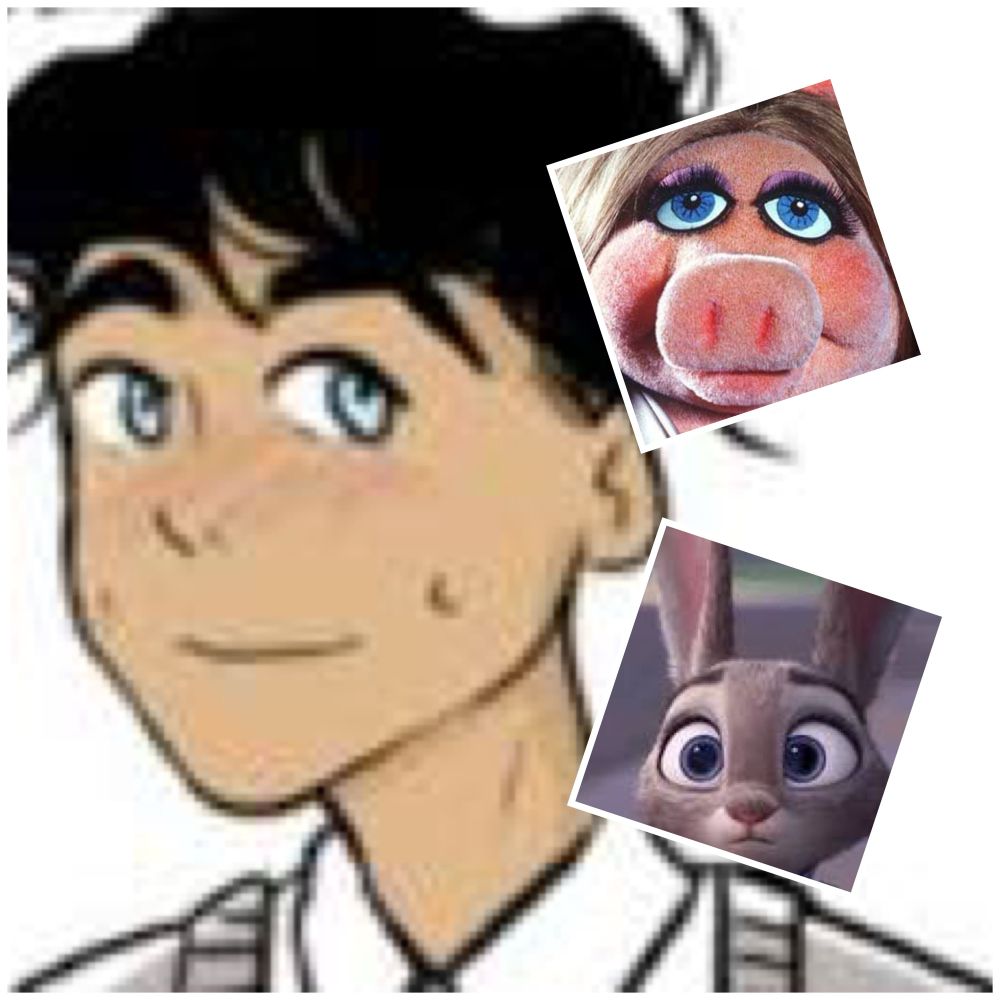 A close up of Charlie Spring, a character from Heartstopper, as drawn by Alice Oseman. Smaller images are on the right. One features a close up
of the Miss Piggy puppet from The Muppet Show and the other is a close up of Judy Hopps, the rabbit from the Disney CGI film Zootopia. All three have noticeably blue eyes.