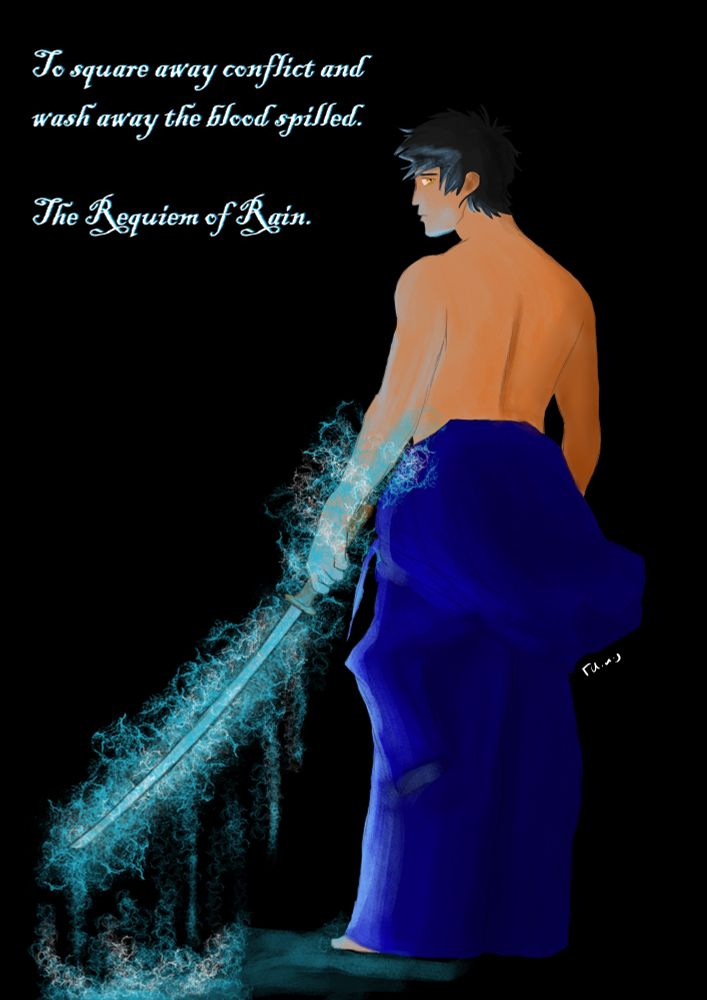 A picture of Yamamoto Takeshi giving his back to the watcher, but with his head partially turned to look at the watcher. He's wearing a blue hakama with the upper part down, so his back is visible. He's holding a katana and there are blue flames all around the sword and his forearm, falling on the ground too. The background is black and in the upper left corner, written in white, can be read the sentence "to square away conflict and wash away the blood spilled. The requiem of rain."