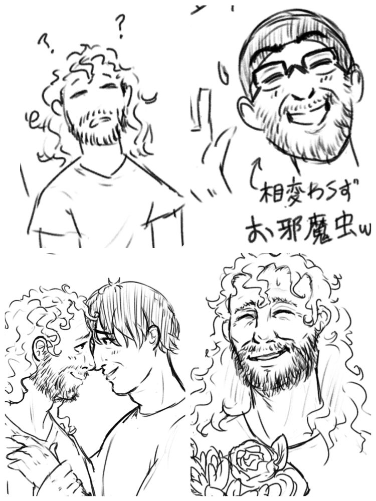 four black and white sketches arranged in one picture. one shows kenny looking confused and speechless, hair sticking out in every direction. the second is of nakazawa, grinning into the camera while the japanese text below him reads "third-wheeling as always lol". the third depicts kenny and ibushi doing the "headbutt of love" trope, looking relieved and a bit disheveled. the fourth sketch is of kenny holding a bouquet of flowers, trying to summon a smile with a pained expression