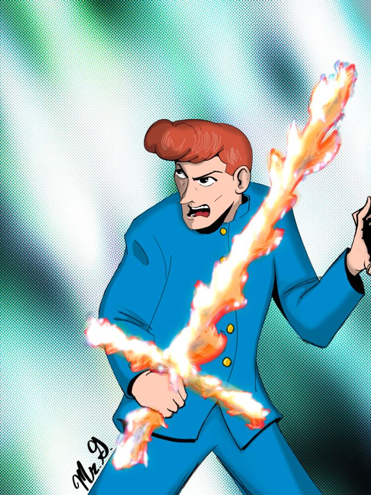 The red-hair pompadoured Kazuma Kuwabara of Yuyu Hakusho in a blue Japanese boy’s school uniform with his flame sword in hand, looking angrily up to the left.