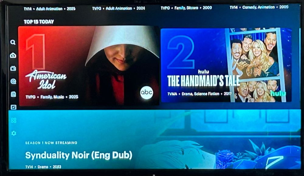A screenshot in which the Hulu menu has swapped the titles images of The Handmaids Tale and American Idol, making the Handmaid look like they are labelled an American Idol.