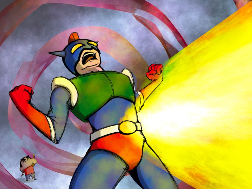 The superhero Action Kamen (or Action Bastard in the Funimation dub) fires an energy beam from his belt buckle as Shin Nohara cheers him on in the background.