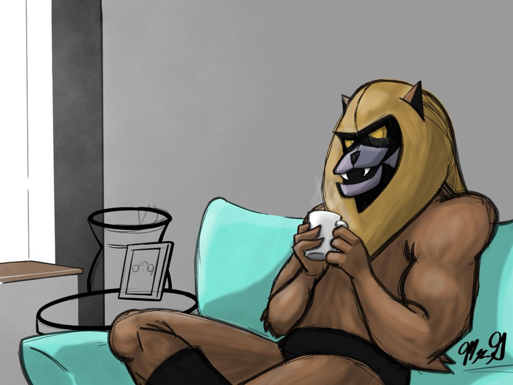 Unfinished fanart for the 1980s animated show Thundarr the Barbarian. In this image, the lion-maned companion, Ookla the Mok, sits on a couch holding a mug of warm tea while looking pleasantly out of an off-camera window.