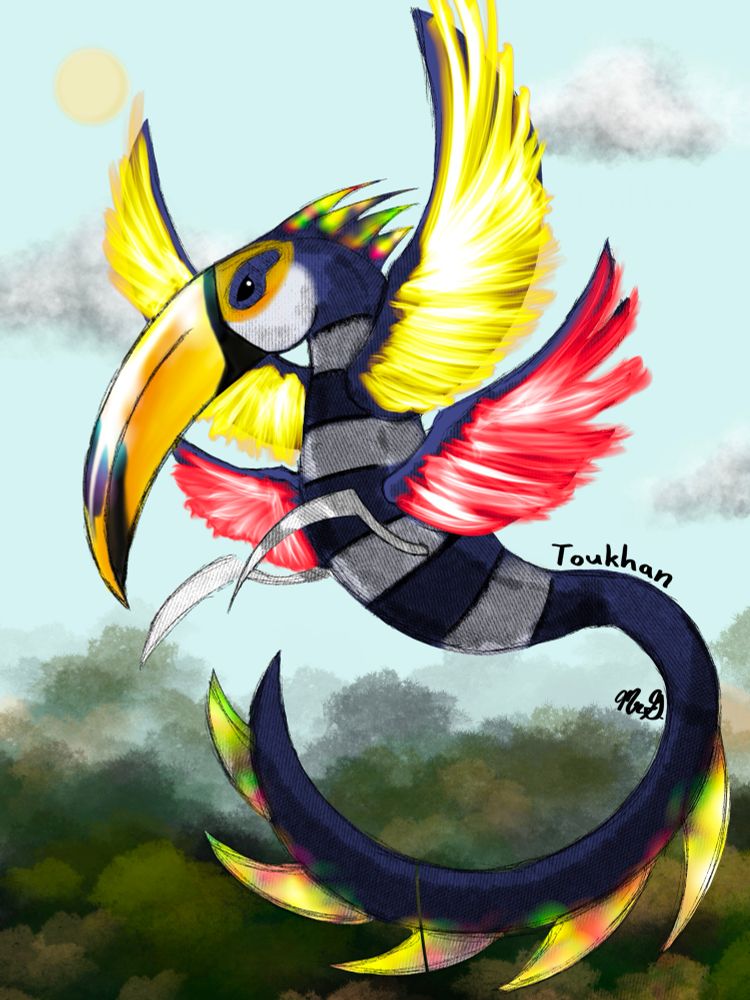A toucan-like Pokemon created as described by my kiddos with a curved orange beak, four shining feathered wings, two small bladed appendages, a striped torso, and a long rainbow spiked tail.