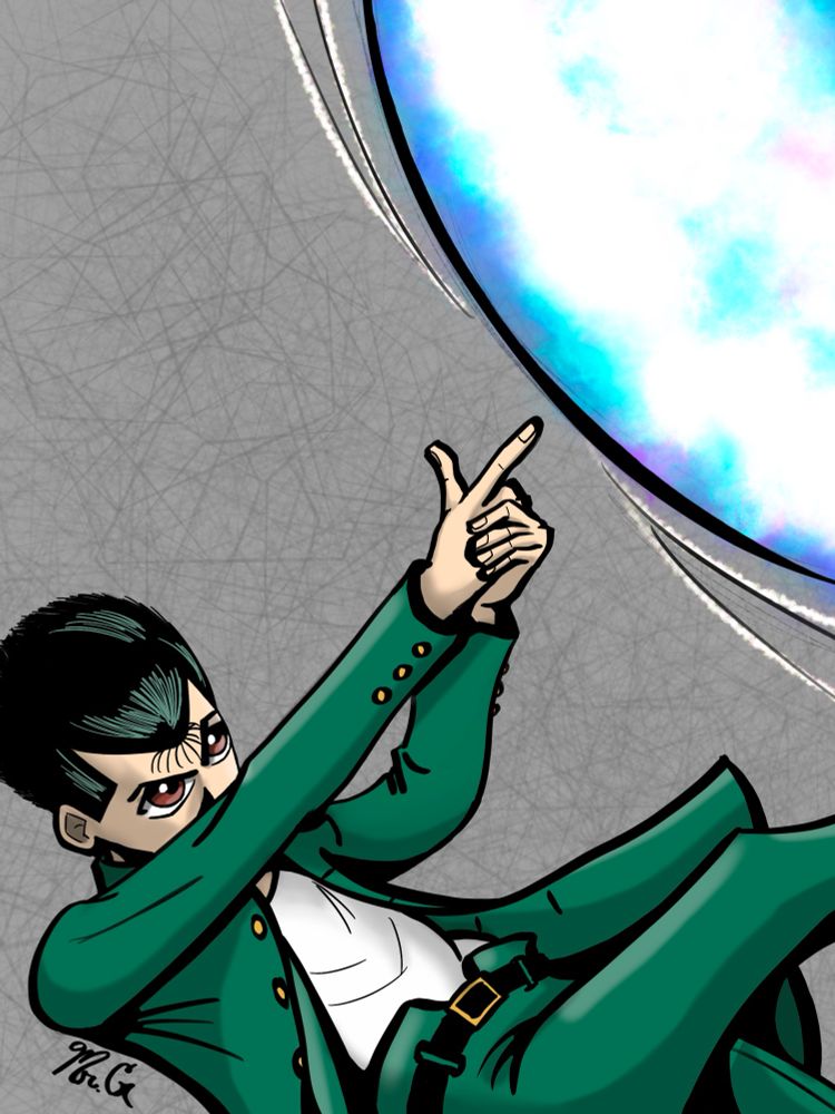 Yusuke Urameshi of Yu Yu Hakusho using his spirit gun.