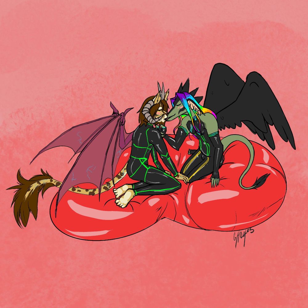 Krilinus and Nijiraios in latex outfits kissing each others while sitting on a huge red balloon against a pink background. Drawn by Ghoul.