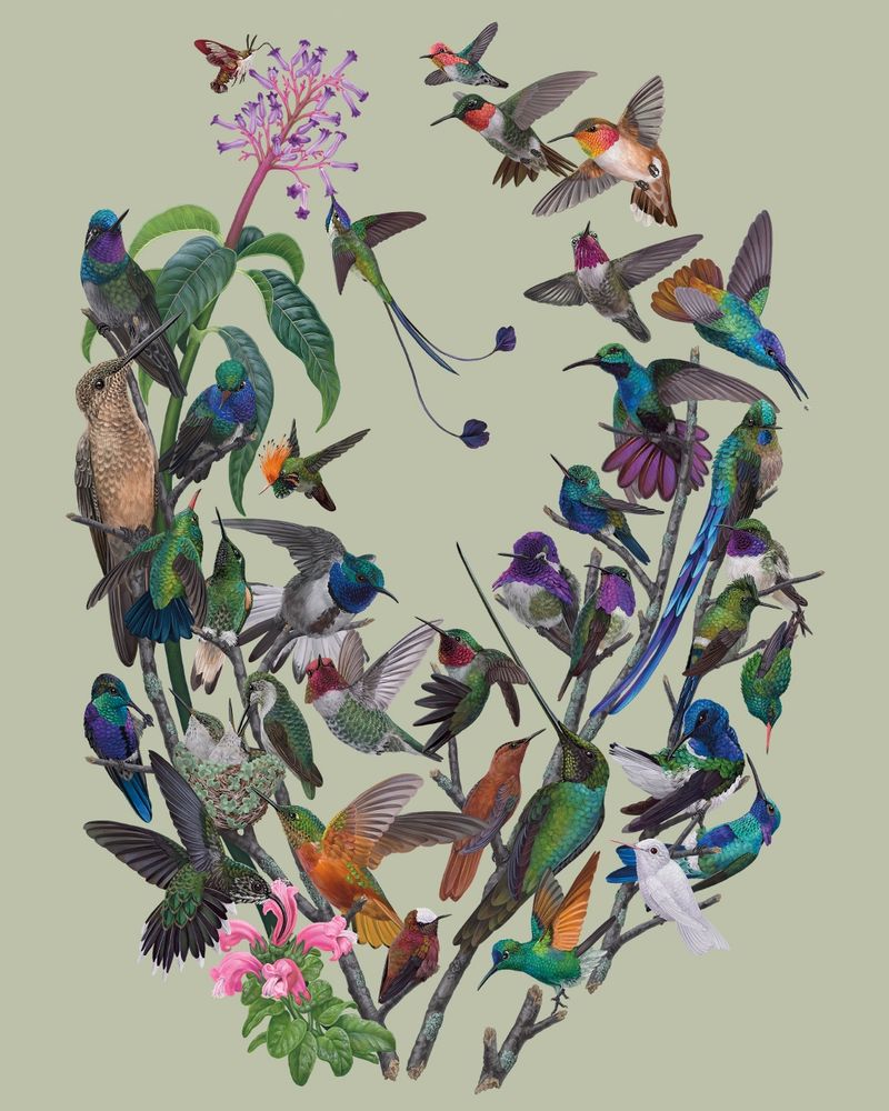 A colorful, realistic drawing showing 34 species of hummingbirds, flying and perched on floating twigs against a pale green background. 