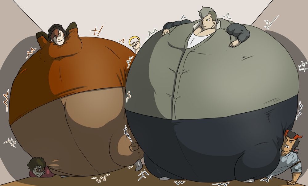 Ira and Damao have swollen up into blimps, filling the room and bulging against each other. Abu is pinned under Ira and Nick is trapped between the wall and Damao. Just behind the two balloons is Lynne holding up his Halo in an attempt to stop them from getting any larger