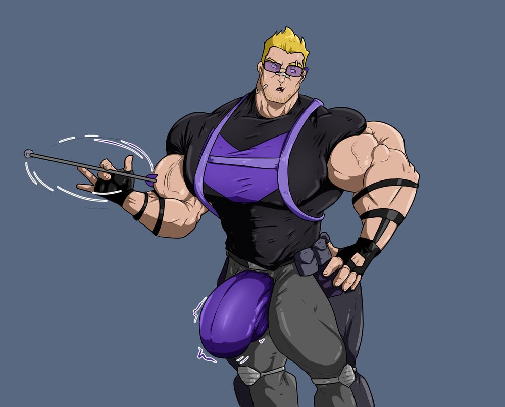 Hawkeye twirling his arrow while his underwear clad bulge has popped open the front of his trousers