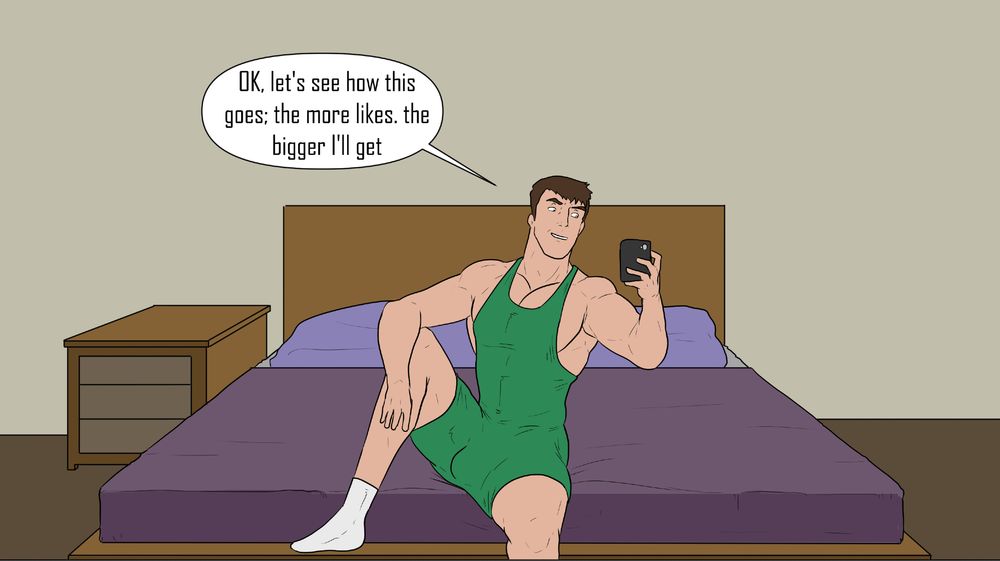 A guy sits on the edge of his bed in a singlet, looking at his phone. He's set up a growth drive for his followers to make him grow with every like