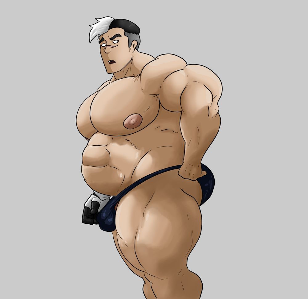 Shiro with a roid gut, wearing a speedo and giving a little glimpse at what's inside. Soft shading used as a new experiment