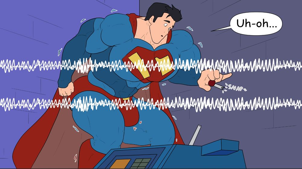 A growing Superman tries to power off the growth machine even as his body has already started swelling. However, he's not used to his increased strength and breaks the lever. The growth machine starts pulsing powerfully and the growth really kicks in!