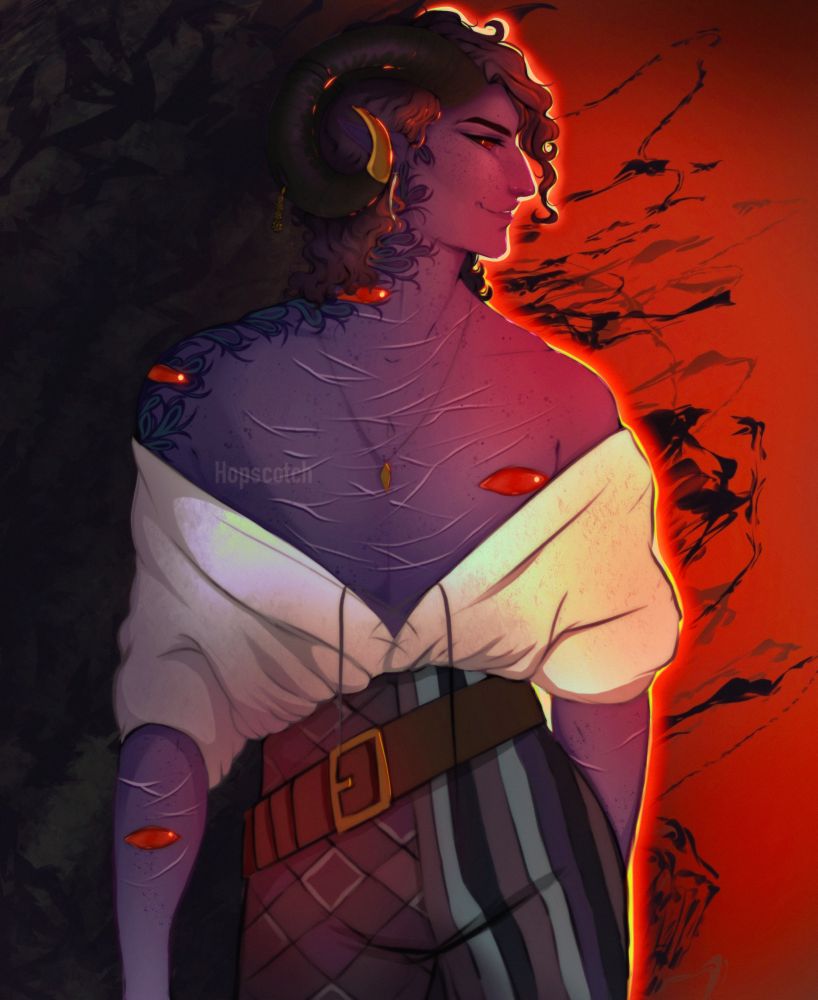 Molly a purple tiefling (horned humanoid) from the game DnD is standing on a black to red gradient back ground. His body is facing the front while his face is turned to the right. He has a device expression. He has balck and purple tinted hair that is wavy and reaches to his shoulders. He has red eye tattoos that cover parts of his body. To show the tattoos his tunic is pulled down to his lower shoulders. He is also wearing pants that are half striped and half checkered with grey and cyan accents. 