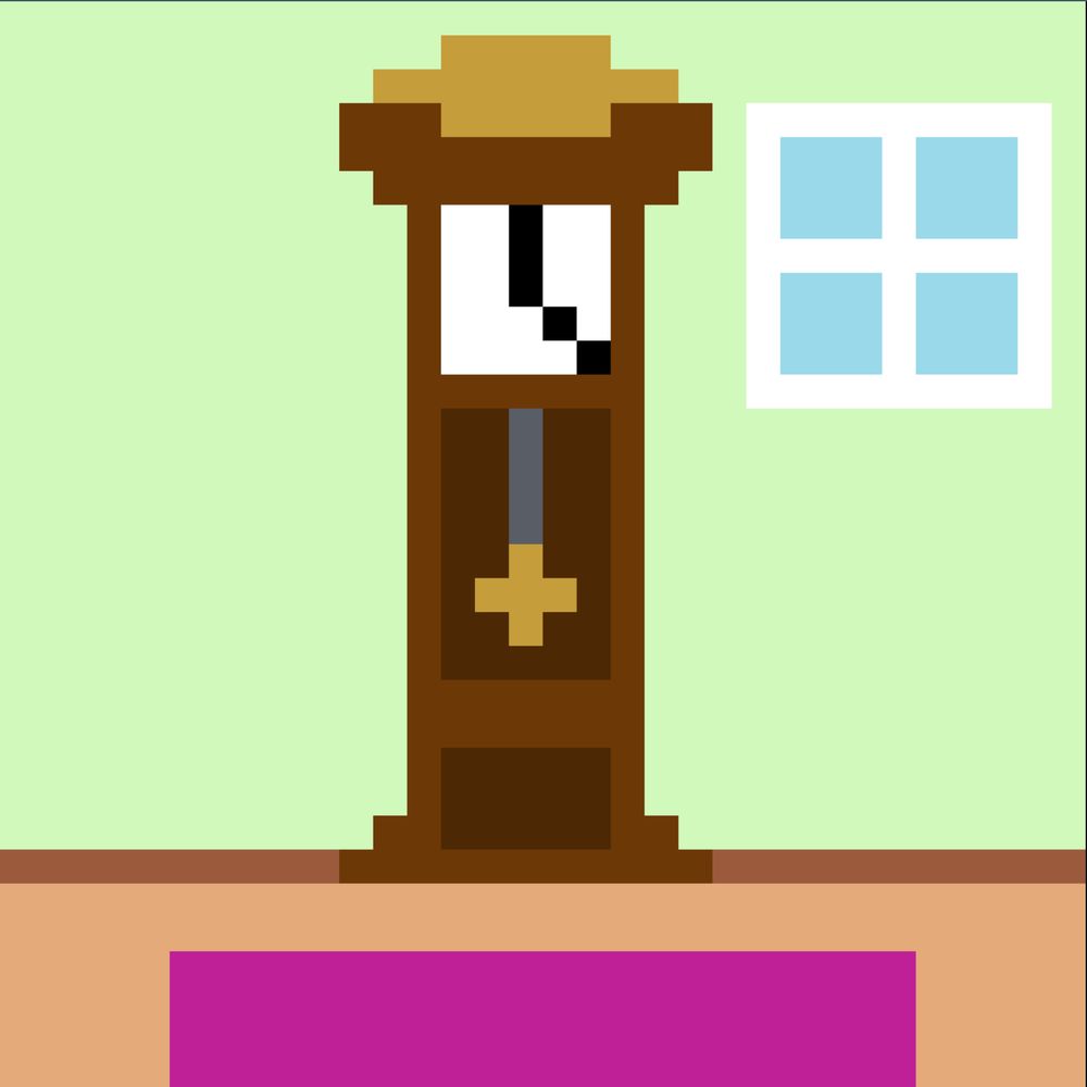 Pixel Art of a Grandfather Clock, with a window and purple rug.