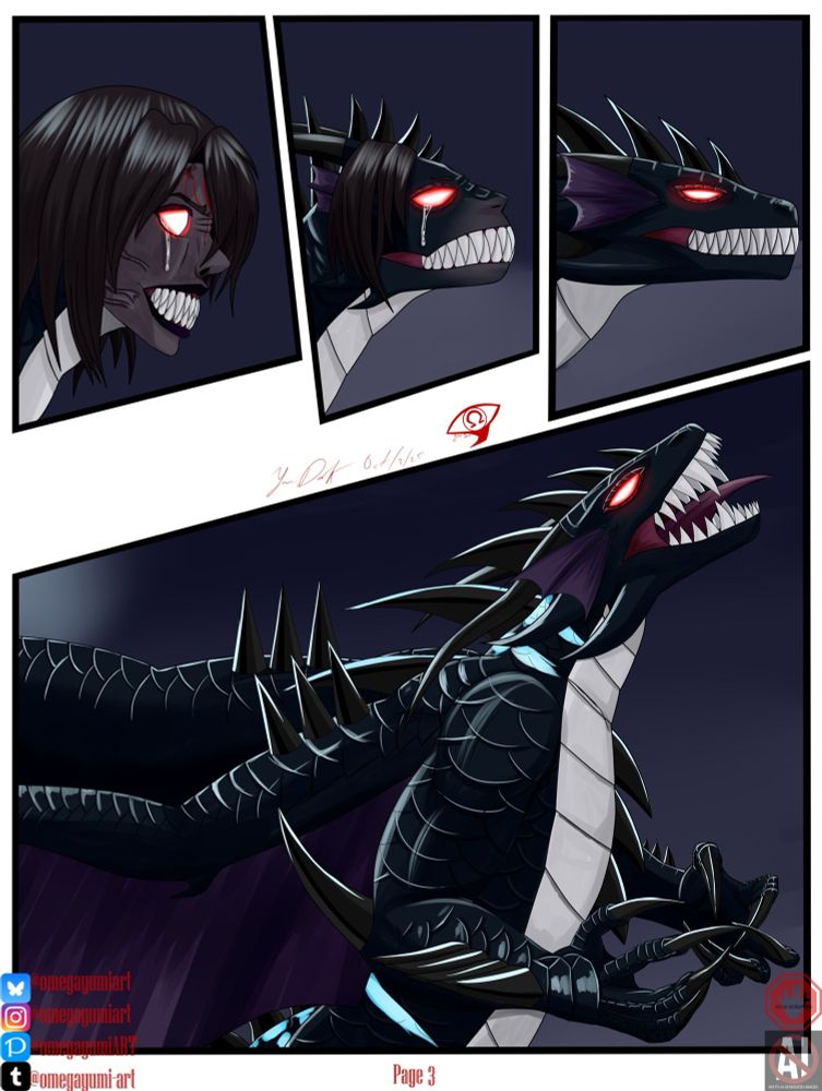 Page 3 
Panel 1 to 3 her changing to a dragon one
Panel 4 
Transformation complete and she roaring like Godzilla 