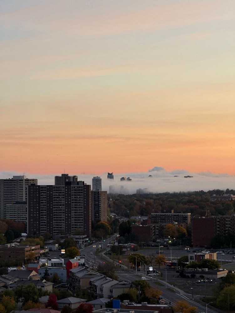 Thick fog and clouds cover the downtown of Ottawa with Richmond rd visible in the foreground 