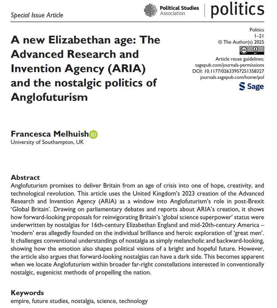 Politics journal article: A new Elizabethan age: The Advanced Research and Invention Agency (ARIA) and the nostalgic politics of Anglofuturism