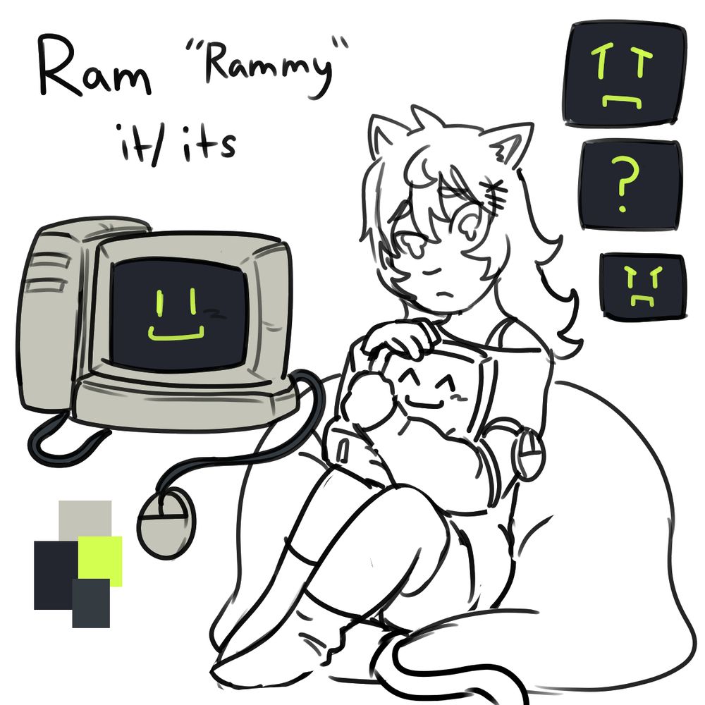 reference image for rammy featuring a colored image of rammy and a sketch of ghost holding rammy while sitting on a bean bag chair. there are also depictions of rammy's expressions. text reads "Ram 'Rammy' it/its"