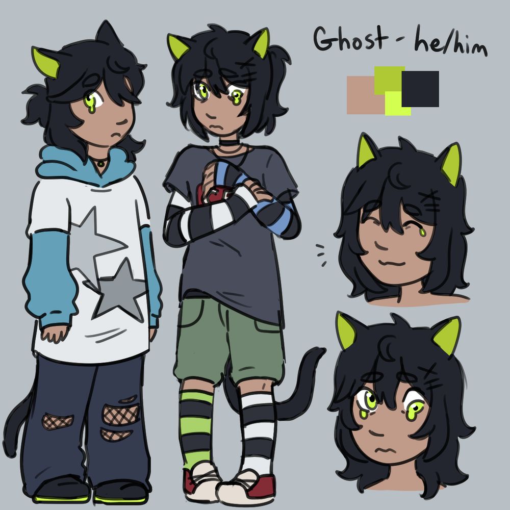 two full body drawings of ghost and two headshots. text reads "Ghost - he/him"