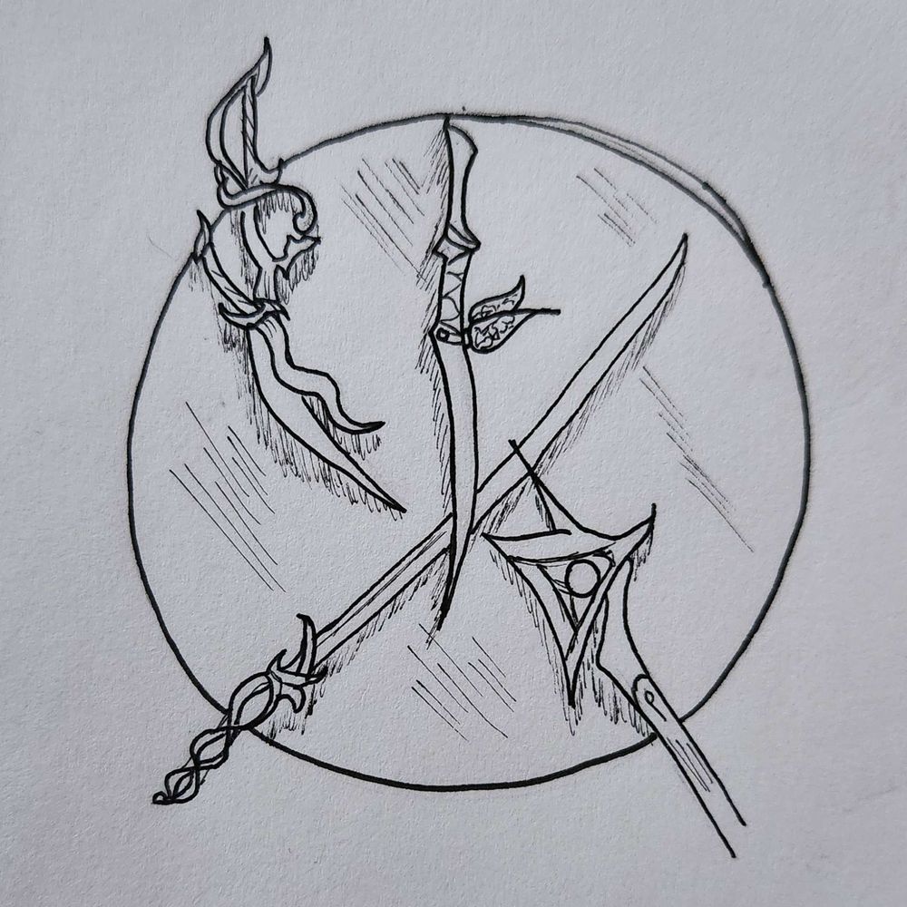 on a round tabletop: Arthur's Skana, a Cassowar, a Syam, and a Nami Scylla