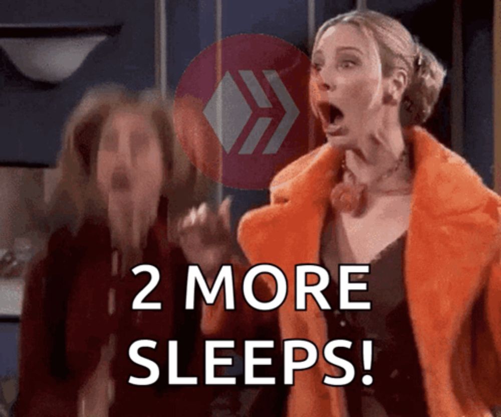 a woman in an orange coat is screaming with the words " 2 more sleeps " below her