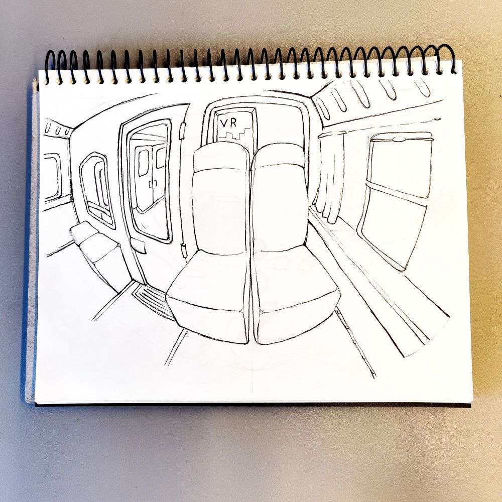 Black and white drawing of train from inside in fish eye perspective
