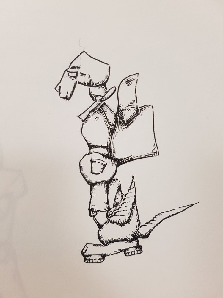 Black and white drawing of abstract character