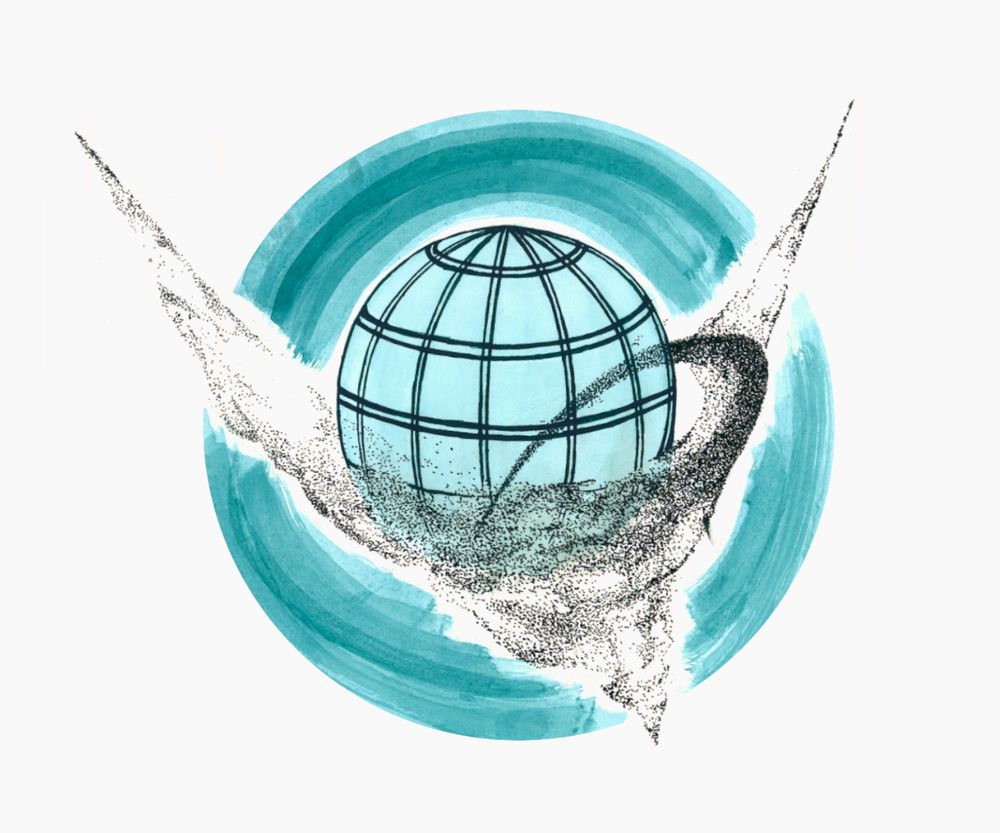 Illustration (by @dantalionart.bsky.social‬) of political science in context of complexity science. A diffusion map wraps around an abstract globe, representing international connections that can be modelled physically.