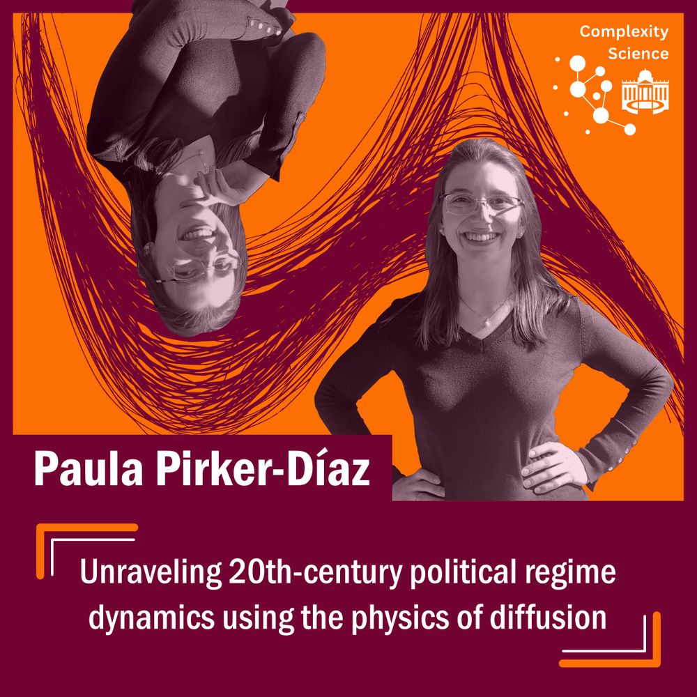 Paula, a PhD in our research group, in front of an illustration of the manifold explored in her paper called "Unraveling 20th-century political regime dynamics using the physics of diffusion", co-written by Matthew C. Wilson, Sönke Beier, Karoline Wiesner
