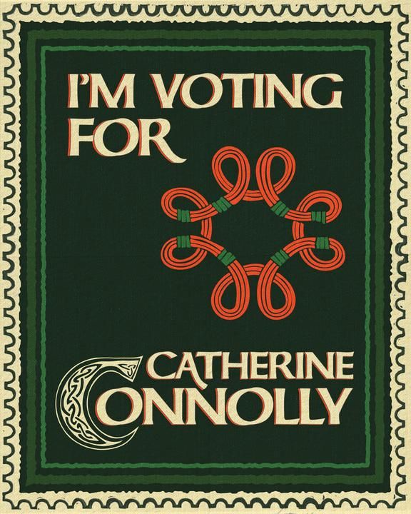 Image is a celtic design on a green background that reads "I'm voting for catherine connolly."